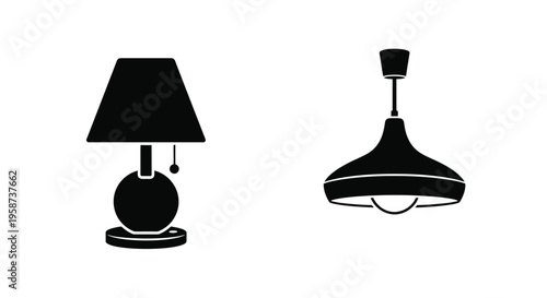 Black and white illustration of a table lamp and a pendant light