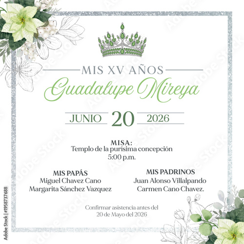 Elegant Quinceañera Invitation in Green and Silver with a Royal Crown and Floral Frame. A glamorous template for a 15th birthday.