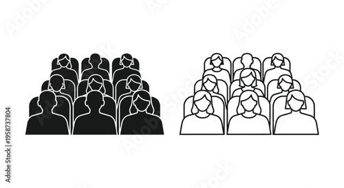 Two groups of people illustrated as simple black and white line art icons