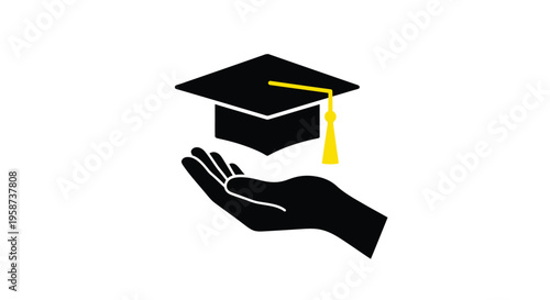 A black graduation cap with a gold tassel held by an open hand