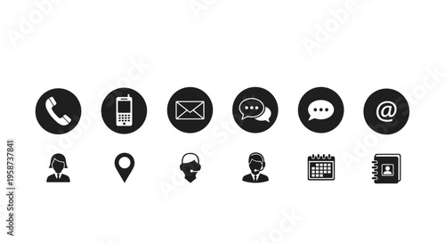 Black and white icons representing communication and contact information