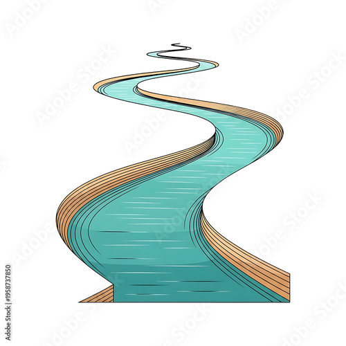 Winding river with green water and brown banks. cartoon style map element or landscape feature