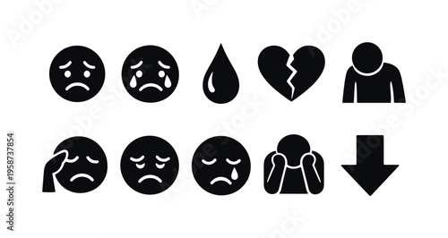 Collection of icons representing sadness, grief, and emotional distress