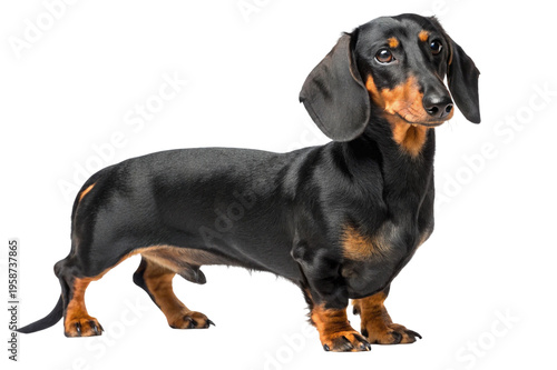 Charming black and tan dachshund dog standing alertly, looking forward, isolated PNG on transparent background