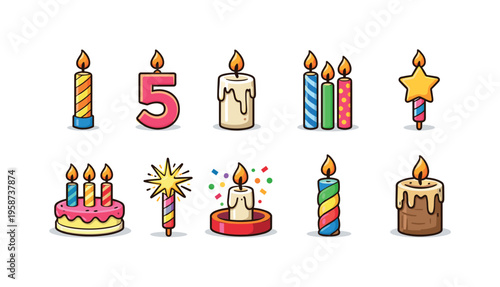 Collection of colorful birthday candles and celebration elements on a white background