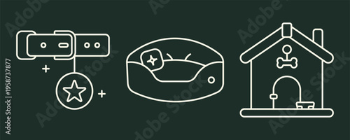 Pet Accessories Line Icons Set with Collar, Bed and Dog House. Minimal Outline Vector Illustration for Animal Care Design