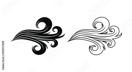 Two swirling black and white decorative elements resembling wind or waves
