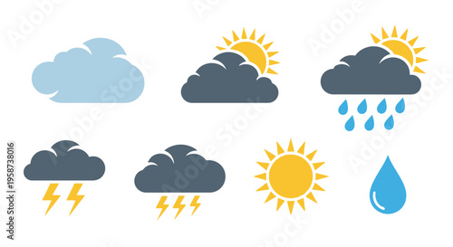 Weather icons depicting sun clouds rain and thunderstorms