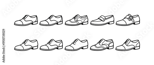 Collection of classic men's dress shoes in a simple line art style