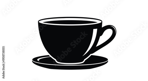 A simple black and white illustration of a teacup and saucer