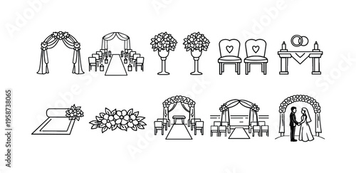 Collection of wedding ceremony icons and elements for event planning