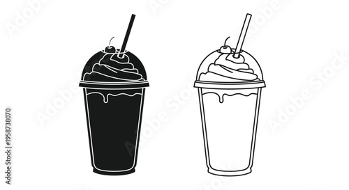 Two black and white illustrations of drinks with whipped cream and cherries