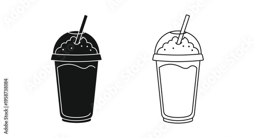 Two black and white illustrations of drinks in plastic cups with straws