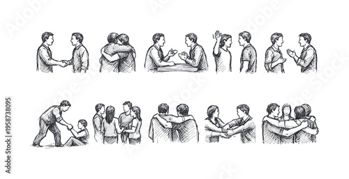 Collection of hand-drawn illustrations depicting various human interactions and support
