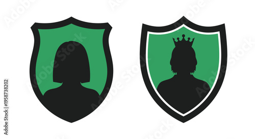 Two heraldic shields featuring silhouetted female figures with crowns