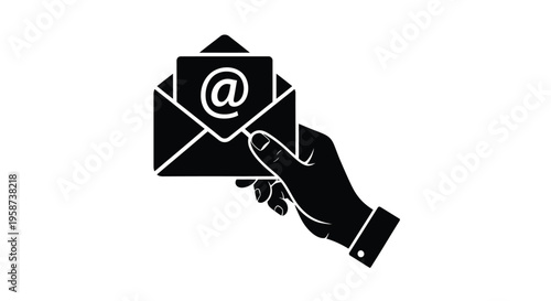 A black silhouette of a hand holding an envelope with an symbol