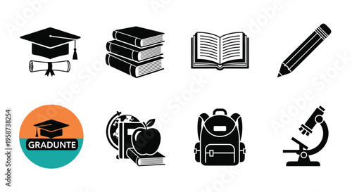 Black and white icons representing education graduation and academic tools