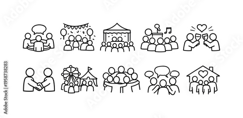 Collection of simple line art icons representing diverse social interactions and events