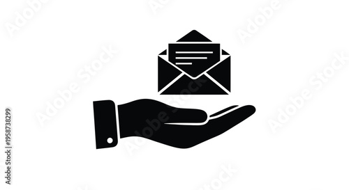 A black and white illustration of a hand holding an opened envelope