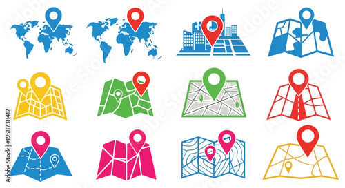 Colorful location icons depicting world maps and city street layouts