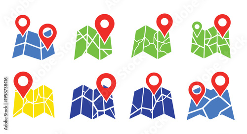 Colorful map icons with red location pins displayed in a grid pattern