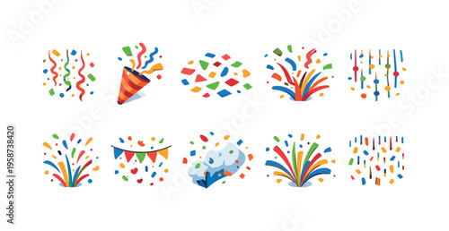 Collection of colorful confetti and party popper icons for celebrations