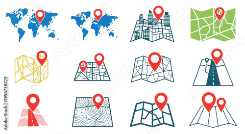 Collection of world maps and location pins representing global connections