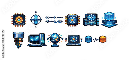 Pixel art icons representing quantum computing concepts and hardware