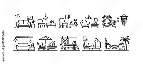 Collection of line art icons representing various furniture and home decor arrangements