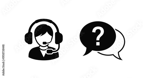 Customer support representative with headset and a question mark speech bubble