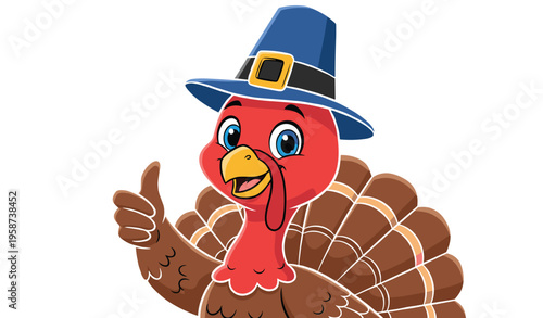 Cute cartoon turkey wearing pilgrim hat illustration, happy Thanksgiving mascot character with thumbs up, colorful festive bird design isolated on white background