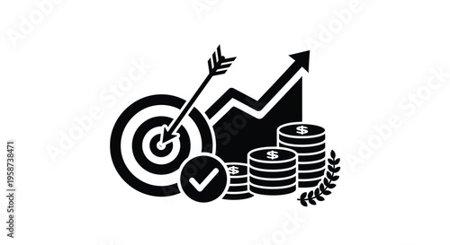 Target achieved arrow hitting bullseye with growth chart and coins
