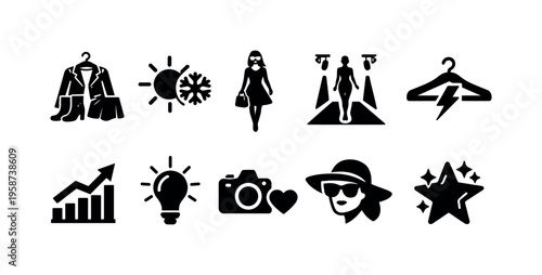 Collection of fashion and lifestyle icons representing trends, seasons, and success