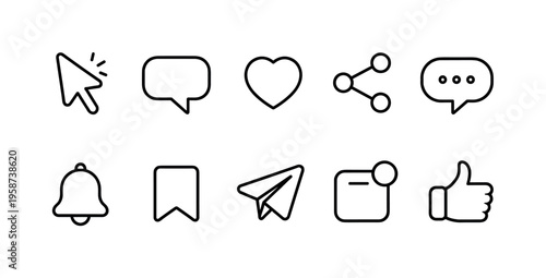 Collection of social media icons including like, share, comment, and notification symbols