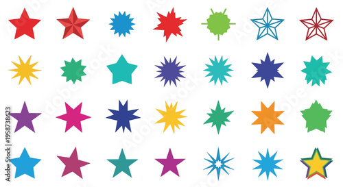 Colorful collection of various star shapes arranged on a white background
