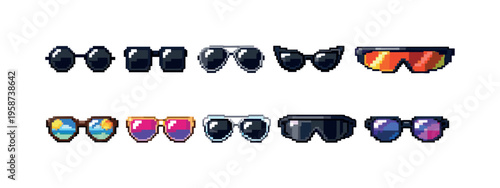 Collection of pixel art sunglasses in various styles and colors