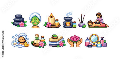 Pixel art spa and wellness icons collection for relaxation and self-care