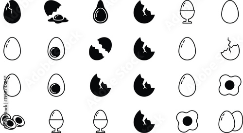 Set of egg icons in different styles including cracked, boiled, fried and raw, minimal black and white vector collection for food design and kitchen graphics