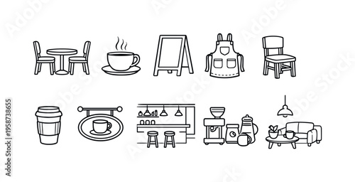 Collection of simple line art icons representing coffee shop elements and furniture