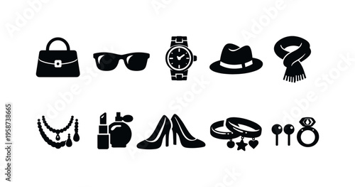 Collection of stylish fashion accessories and personal items presented as icons