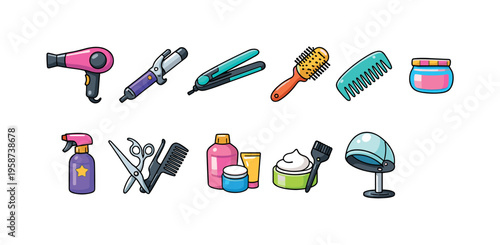 Collection of cute cartoon hair salon and styling tools on a white background