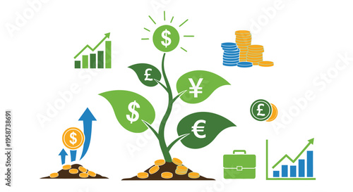 Financial growth concept with currency symbols and rising graphs