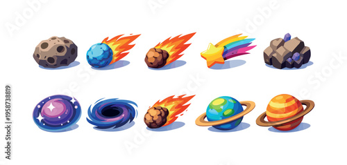 Collection of colorful cartoon space objects and celestial bodies
