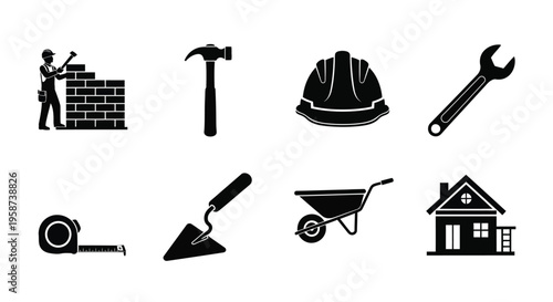 Construction icons featuring a builder tools and a small house illustration