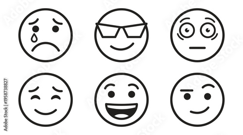 Set of six expressive emojis featuring crying, cool, shocked, shy, excited, and content emotions, isolated white background