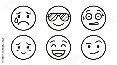 Set of six animated emojis portraying crying, cool, shocked, shy, very happy, and content emotions, isolated white background