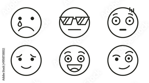 Expression of Feelings: An array of simple, black and white illustrations of diverse emoji expressing different states of mind, ranging from sadness to excitement.