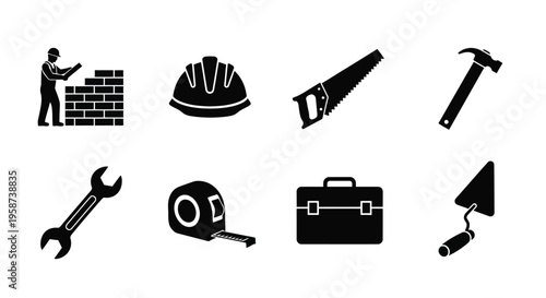Construction tools and worker silhouette in a black and white illustration