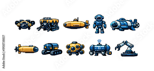 Collection of pixel art underwater vehicles and robots for exploration and industry