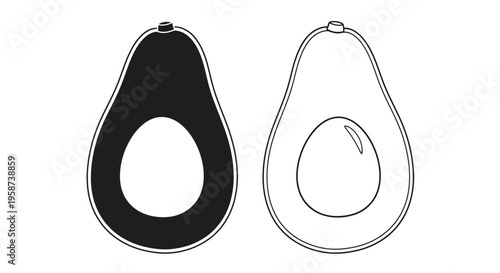 Two avocado illustrations one black one white showing shape and pit